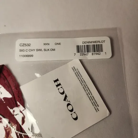 NWT COACH CZ532 SIGNATURE CHERRY SWIRL PRINT SILK DIAMOND SCARF DENIM - Picture 2 of 4